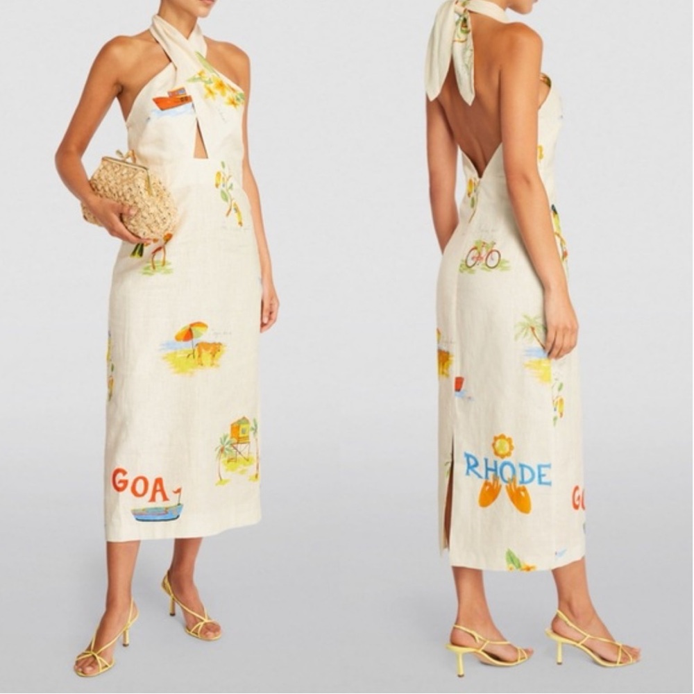 RHODE Paolo Linen Halter Neck Dress with Goa Print M